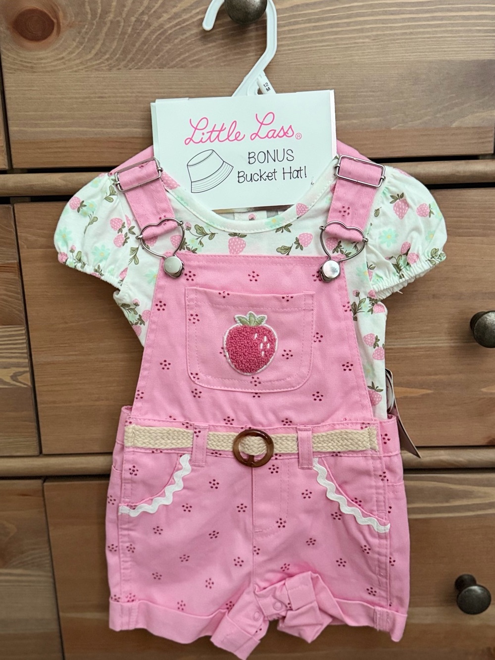 Little Lass Pink Strawberry Embroidered Girls' Short Overalls with Floral Tee